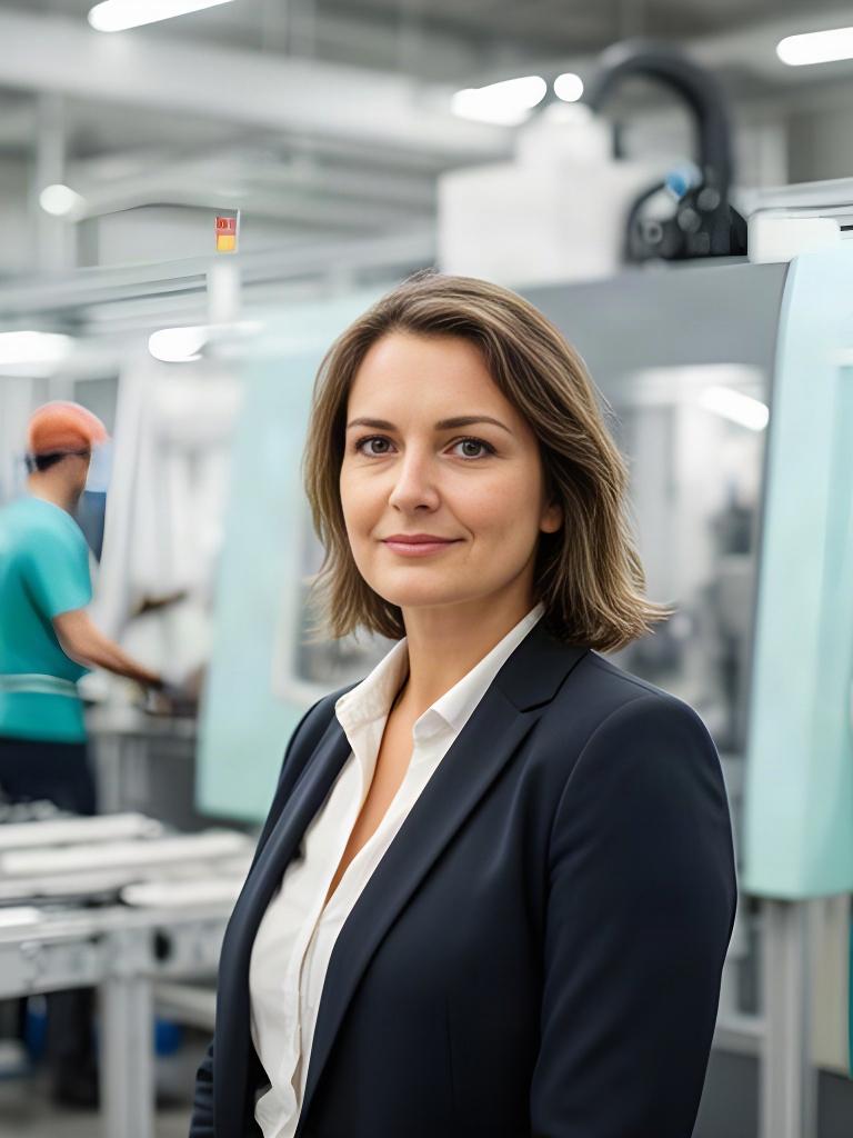 Vrouwelijke bedrijfsdirecteur in een lichte productieomgeving met machines op de achtergrond